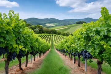 Naklejka premium Lush vineyards growing in idyllic countryside landscape in Tuscany, Italy