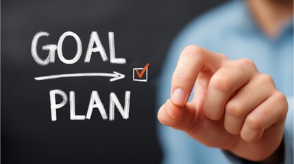 Goal and Plan: A focused individual's hand indicates a checklist next to "GOAL" and "PLAN," representing strategy and objective in clear, effective communication.Generative ai illustration