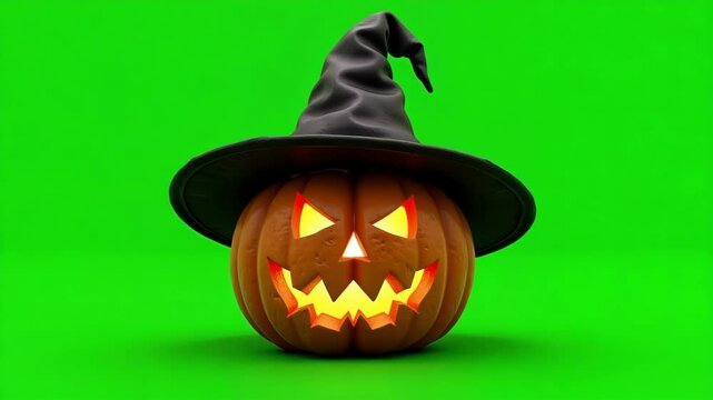 A spooky 3D Halloween pumpkin wearing a witch hat spins against a vibrant green screen background in seamless looping 4k footage.