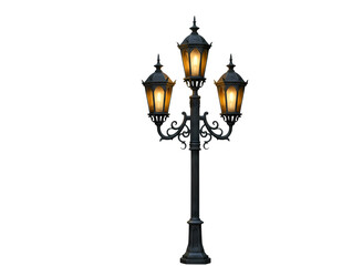Ornate vintage black cast iron street lamp with glowing light isolated on transparent background