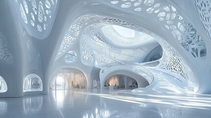 A futuristic, white interior space with organic, flowing forms, intricate latticework, and a bright, sunlit atrium.  Reflective floors enhance the sense of depth and openness