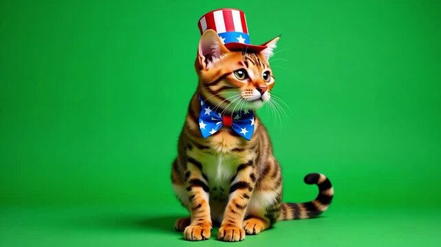A beautiful Bengal cat in a patriotic fourth of July costume sits alertly on a green screen, ideal for chroma key compositing and 4k footage.