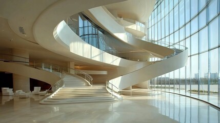 Obraz premium A modern, elegant building interior featuring a sweeping, sculptural staircase and expansive windows overlooking a tranquil water view