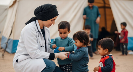 Doctor Providing Medical Care to Children in Refugee Camp 