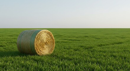 A single round hay bale rests in a vast green grassy field under a clear sky