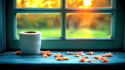 Roll of tape on rustic windowsill with autumn leaves, sunset view.