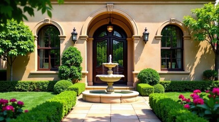 Fototapeta premium Elegant Home Exterior with Ornate Double Doors and Centerpiece Fountain