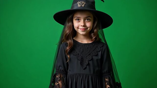 A captivating footage of a fifteen year old girl dressed as a vintage witch in a lace veil, shot in 4k resolution against a vibrant green screen.