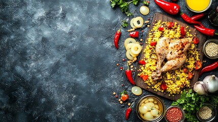 Roasted chicken leg with a yellow rice dish on a dark surface.