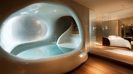 Modern, sculpted spa nook with water feature and soft lighting