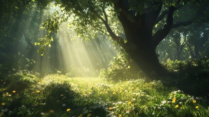 Spring in a bright forest with sunlight streaming through trees