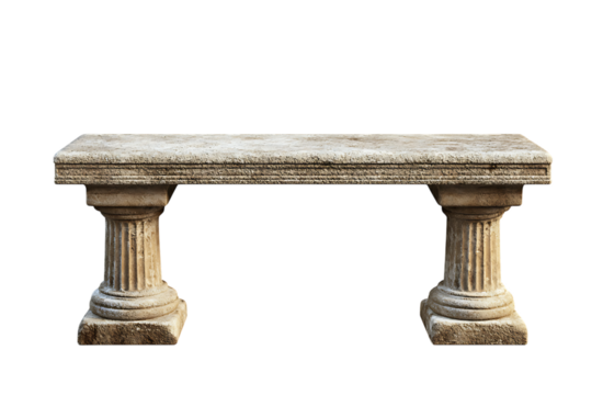 Weathered stone bench supported by classical columns isolated against a white background