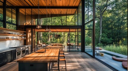 Modern kitchen with expansive glass walls showcasing a lush wooded landscape, seamlessly blending indoor and outdoor spaces