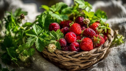 Rustic Elegance: A Woven Basket Overflowing with Glossy Ripe Berries