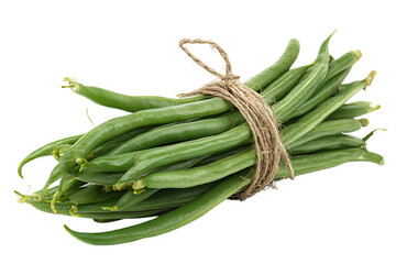 A bunch of fresh green beans tied with twine, isolated on black background.
