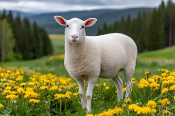Obraz premium White sheep standing in a field of dandelions in a mountain valley