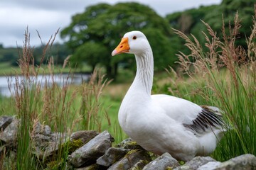 Obraz premium White goose standing on a stone wall in a rural landscape