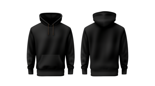 Displaying a front and back mockup of a black hoodie sweatshirt over a dark background