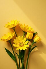 A vibrant bouquet of cheerful yellow daisies arranged on a pale yellow background, bathed in soft sunlight, creating a serene and joyful mood
