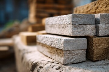Stacked stone bricks display varying hues of gray and beige on a rough surface under soft lighting