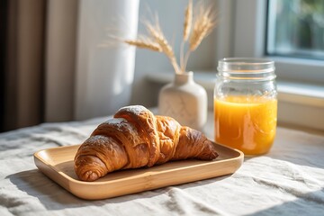 Delicious croissant and orange juice breakfast on a wooden tray in morning light