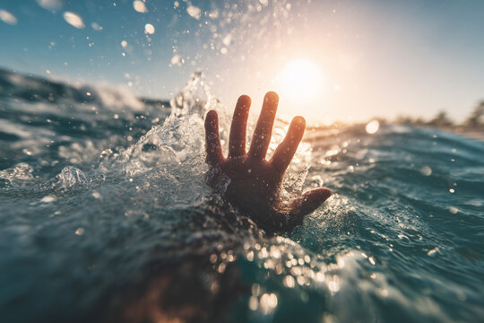 drowning hand reaching out of water for help in rough ocean, with low sun