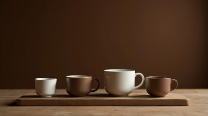 Fototapeta premium A Still Life Featuring Four Earthenware Cups of Varying Sizes and Hues Arranged on a Rustic Wooden Board Against a Muted Brown Background