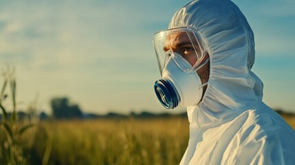 Man in Protective Suit Stands in Field During Sunset with Mask