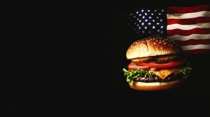 Classic American Burger with Flag Background Celebrating Freedom