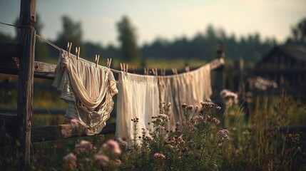 Soft Linen Garments Drying Elegantly on a Wooden Rope