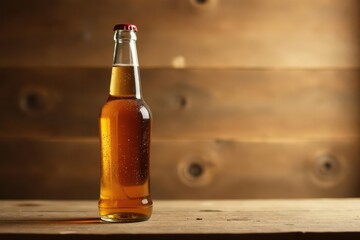 A single bottle of amber liquid rests on a rustic wooden surface, showcasing its condensation and a simple red cap.