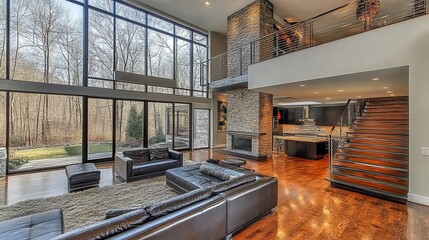 Luxurious modern living room with large windows overlooking a wooded landscape