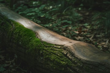 Mossy log in forest: a close up of a fallen tree trunk covered in green moss