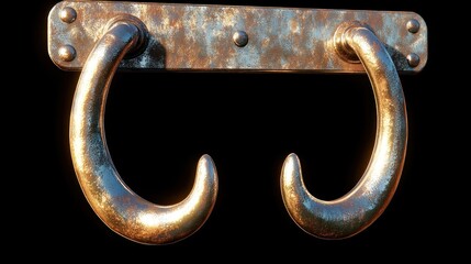 Rusted metallic double-handled door pull with curved ends on a dark background.