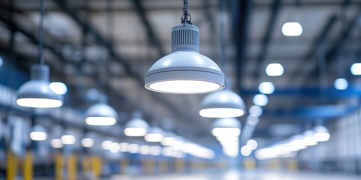 Industrial warehouse ceiling with hanging LED lights illuminating the spacious, modern facility.