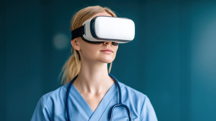 healthcare professional wearing scrubs and a stethoscope uses a virtual reality headset, blending medical practice with advanced technology.