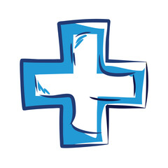 A blue medical cross isolated on white background represents healthcare