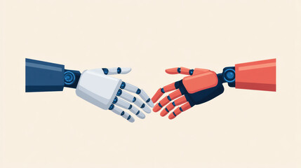 Two robotic hands, one blue and one red, extend towards each other for a handshake against a light background.