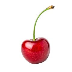 A single ripe cherry with a green stem isolated on a white background in a studio shot close up view