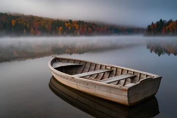 Serene lake scene with boat on water and autumn trees in the background fog