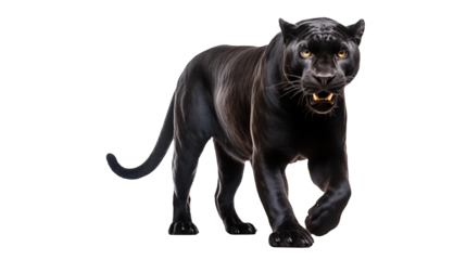Bold black panther prowls forward against a stark, transparent backdrop, revealing its intense gaze and powerful physique.