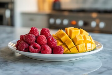 Fresh raspberries and mango chunks on a plate for a healthy fruit snack idea