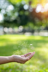 Technology,   Hands holding  globe of tropical nature summer background, 