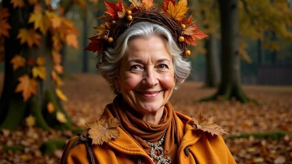 A mature woman celebrates the autumn harvest season in a festive costume adorned with colorful leaves, captured in stunning 4k detail.