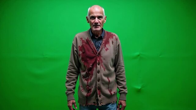 A chilling 4k footage shows a seventy year old man dressed as a zombie grandpa with a tattered sweater and blood stains against a green screen.
