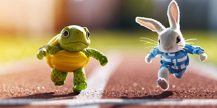 Tortoise racing hare - rabbit versus turtle running race on track