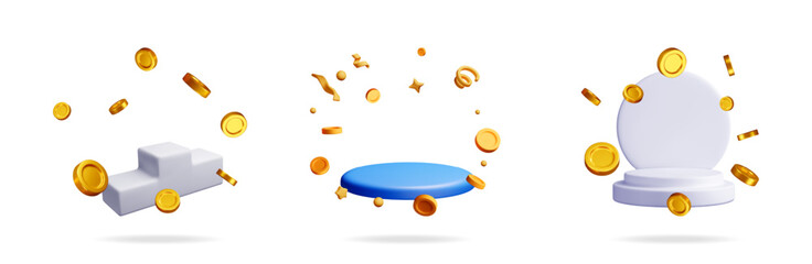 Stage podium concept with flying golden coins and confetti. Product presentation display for winner celebration or jackpot promotion.