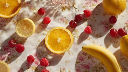 Vibrant Top-Down View of Assorted Sliced Citrus and Whole Fruits