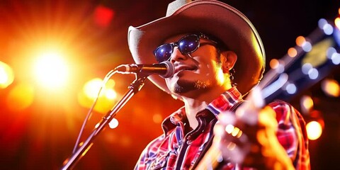 Country musician performing music on concert stage - Powered by Adobe