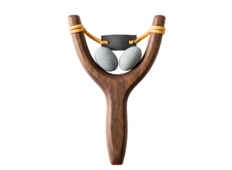 Wooden slingshot with two grey stones and elastic bands isolated on transparent background